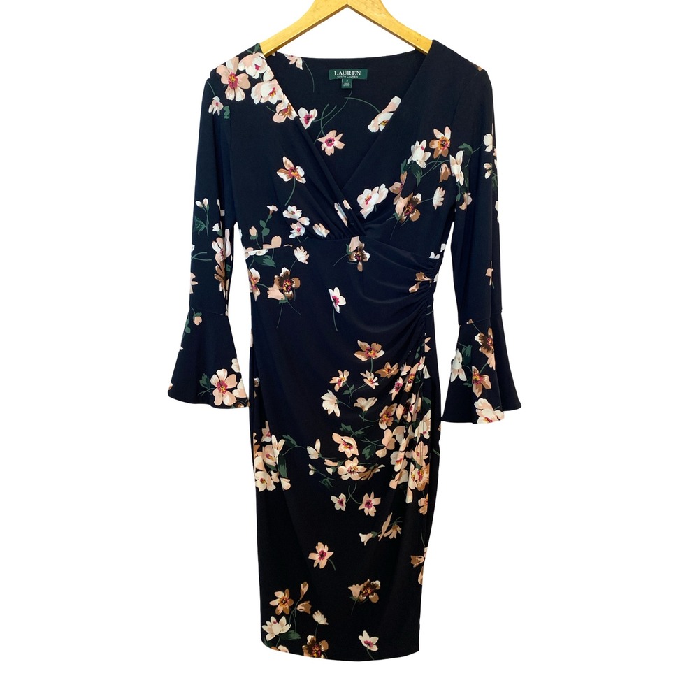 Lauren Ralph Lauren Navy Floral Ruched Bell Sleeve Sheath Dress 4 250720755001